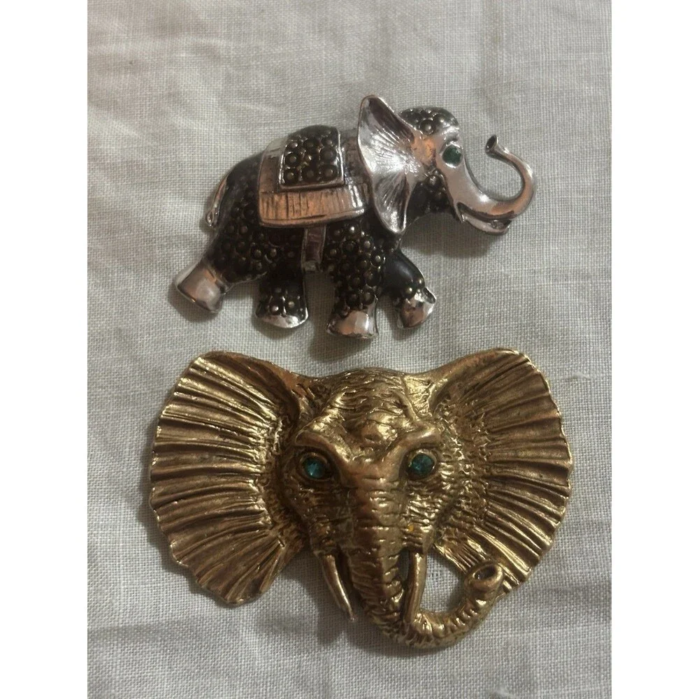 Vintage Elephant Brooch Lot 2 Gold Silver Green Rhinestone Statement Animal Pins
